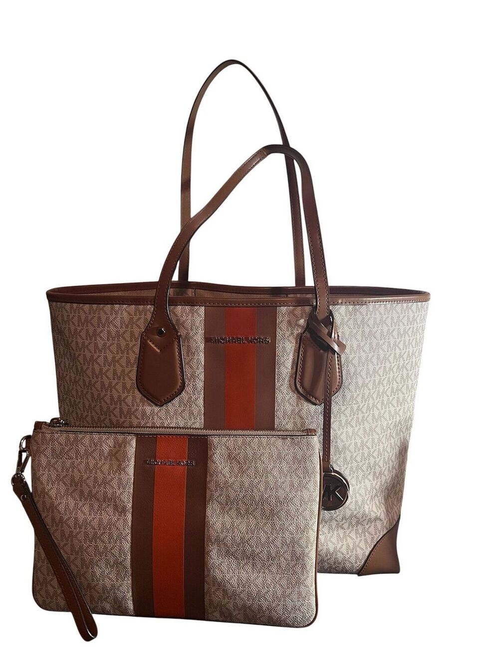 MK28. Michael Kors Eva Large Logo Stripe Tote w/ matching pouch